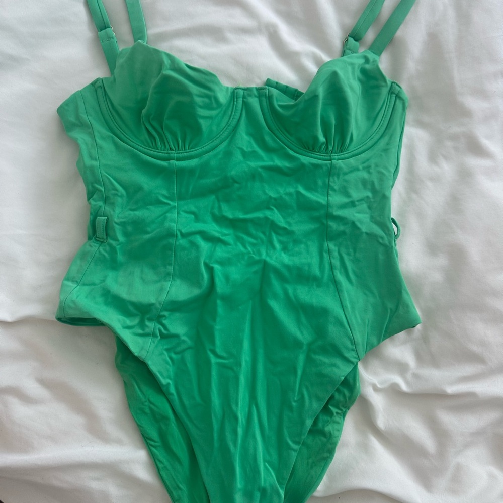 Vibrant Green One Piece Swimsuit with Sweetheart Neckline. High leg cut